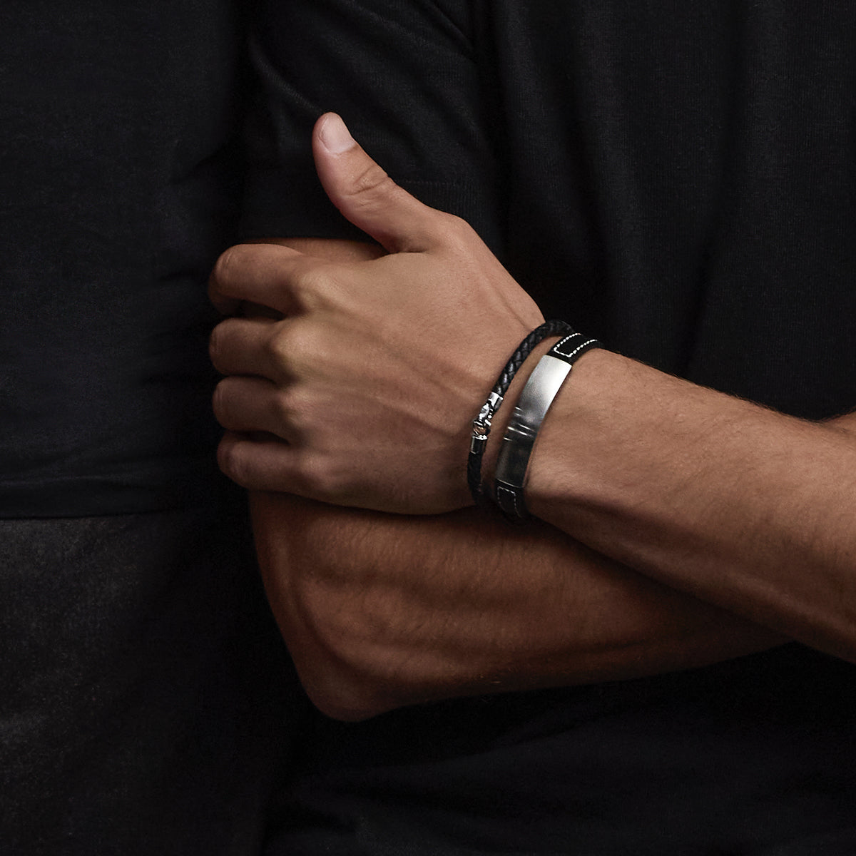 The Mariner Men’s Black Plaited Leather and Steel Bracelet